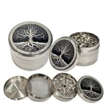 Molinillo de 4 capas de 50mm y 63mm de aleación de zinc color plata con grabado, modelo 2025, molinillo portátil multifuncional, accesorios incluidos, regalo ideal de decoración creativa para el hogar