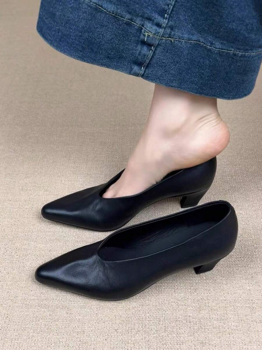 Giày lười da mờ cho nữ, giày cao gót đế vuông phong cách Pháp đơn giản, giày bà già cổ điển để đi làm - màu đen - Xem 1