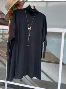 WOMEN'S HIGH NECK MODAL KNITTING PONCHO - 黑色 - 查看 4