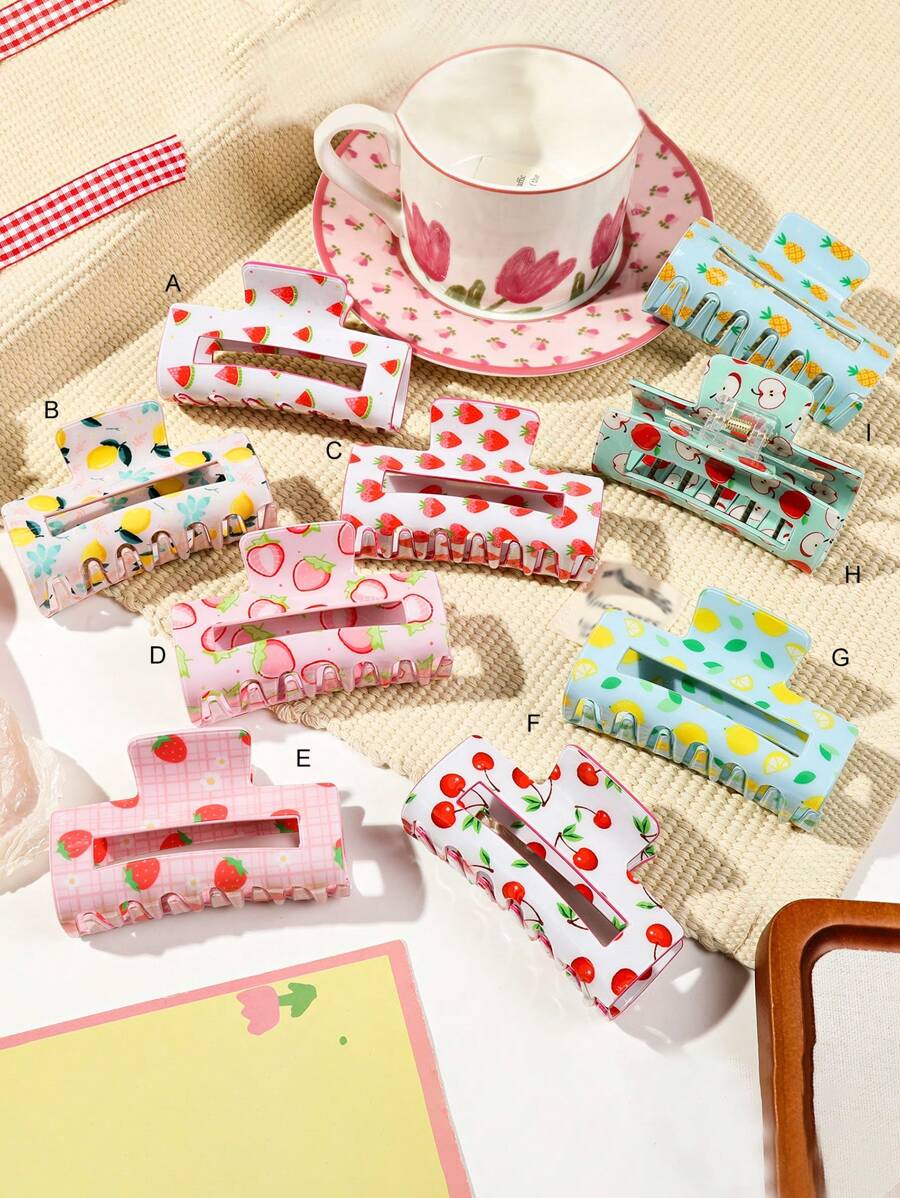 1 件醋酸纤维材质甜美清新夏日糖果色方形发夹，草莓、桃子、柠檬、西瓜水果印花，中号发饰 - 彩色 - 查看 1