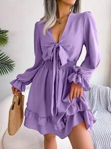 Vestido con Olán y Nudo al Frente. - Lila Púrpura - Ver 2