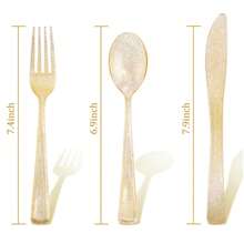 150pcs Transparent Shiny Disposable Cutlery Set, Including 50 Knives, 50 Forks, 50 Spoons, Reusable And Dishwasher Friendly, Ideal For Parties/Birthday/Weddings - Flash Gold - View 7