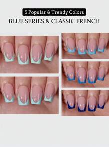 French Tip Press On Nails - Blue Press On Nails Short, Square Fake Nail Tips, 150Pcs Soak Off Soft Gel Acrylic Nail Extension In 15 Sizes, Nail Decorations For Women In Spring And Summer Nail Supplies Nails - Multicolor - View 3