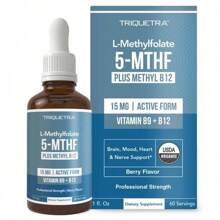 L Methyl Folate 15mg + B12 Cofactor – Organic, Berry Flavor, Professional Strength, Liquid Active 5-MTHF Form, Supports Mood, Methylation, & Cognition-CWTI