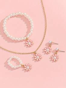 1 Set Cute & Sweet Versatile Oil Drop Flower Charm Pearl Bracelet, Rings, Earrings, Necklace, Accessories
