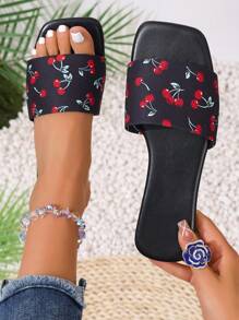 2025 Summer New Women's Black Strap , Cherry Pattern Breathable Anti-Slip Beach Sandals, Casual Open-Toe Flat Slides - Black - View 3