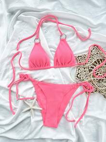2026 New Pink Women's Swimsuit, Beach Halter Style, Sweet Bikini Two Pieces Tie Side Ring - Hot Pink - View 1