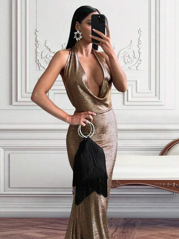 فستان كوكتيل ضيق أنيق للنساء بظهر مكشوف وياقة V، فستان رسمي نصفي، مناسب لحفلات الزفاف والاستقبال والتخرج والعشاء والعودة للمنزل