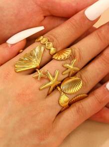Juego de 6 anillos con diseño de acero inoxidable de la serie oceánica con estrellas de mar, coral y conchas, un diseño versátil y creativo para que las mujeres los usen a diario, adecuado para el verano - Amarillo Oro - Ver 8