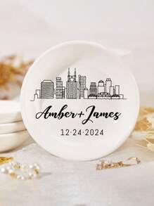1/2/5Pcs Personalized Name Date Ceramic Ring Plates, Custom Jewelry Boxes, Customized Bride Engagement Gifts, Customizable First Marriage Ring Plates, Bride And Groom Gifts, Bride Proposal Gifts, Bride Showers, Anniversary Gifts, Personalized Ring Plates