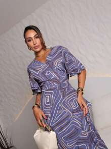 Printed Wrap Dress With Tie - Navy Blue - View 2