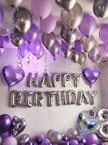 47pcs Purple Theme Silver Happy Birthday Garland Balloons, 16 Inch Foil Happy Birthday Balloon, Heart Foil Balloon, Silver & Purple Latex Balloons, Suitable For Ladies Birthday Party, Wedding Bride Shower, Birthday Decoration, Purple Lavender Theme, Photo Props, Anniversary - 彩色 - 查看 3