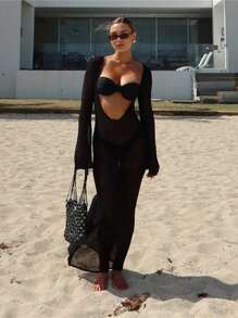 Women Crochet Knitted Long Sleeve Maxi Dress Sheer See Through Backless Swimsuit Bikini Cover Up Beach Swimwear Party Dress