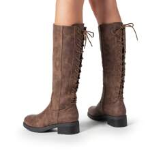 Women's Knee-High Boots, Comfortable Chunky Block Heel Pointed Toe Pull On Side Zipper Suede Slouch Riding Boots - Brown - View 8