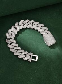 1 件优质宽 23 毫米闪亮铜链方晶锆石冰晶项链 + 手链套装，无限朋克风格说唱歌手嘻哈珠宝，奢华周年纪念情人节礼物 - 精工爆閃寬面梯方白金手鍊 - 查看 18