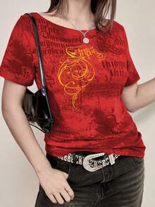 Cyber Y2K Women Gothic Street Style Graphic Print Asymmetric Shoulder Unique Crop Top Thin T-Shirt - Red - View 4