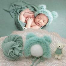 新生儿摄影道具服装女孩男孩泰迪熊帽子带包裹弹力毯和熊娃娃婴儿拍摄配件 - 彩色 - 查看 10