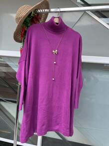 WOMEN'S HIGH NECK MODAL KNITTING PONCHO - Purple - View 4