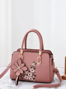 Elegant Floral Pattern Handbag, Women's Fashion Faux Leather Shoulder Bag, Double Handle Purs