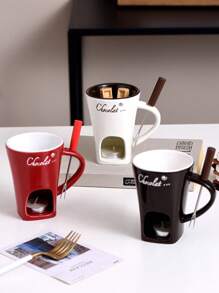 1 Set de Olla de Cerámica para Derretir Chocolate, Calentador de Queso, Olla de Fondue de Chocolate con Tenedor, Decoración de Cocina y Hogar, Apto para Bebidas Frías, Café, Tazas, Bebidas, Exterior, Picnic, Fiesta, Regalo de Cumpleaños