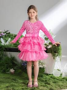 Tween Girls Sequin Trim Layered Hem Cake Party Dress With Long Sleeve - Pink - View 5