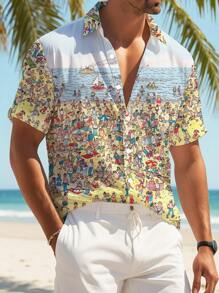 Camisa casual de manga corta con estampado de tiburón para hombres, ideal para el verano y las vacaciones en la playa