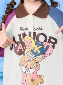 ASK JUNIOR Tween Girls Colorblock Sleeve & Collar, Graphic Print Short Sleeve T-Shirt, Summer Fashion - White - View 10