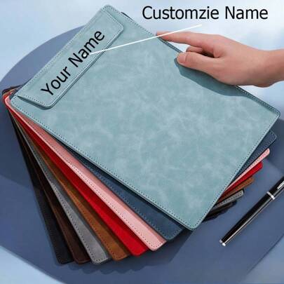 Custom Name Leather Clipboard Business Office School Meeting Record Writting Board A4 Paper File Folder Clipboard Pen Slot