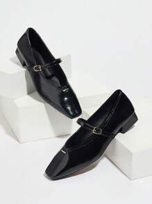 2025 Automne Femmes Mode Élégante Confortable Carrée Orteil Noir Sangle Minimaliste Ballet Flats, Talons Épais Glissant Fête Formel Vacances Sortie Polyvalente Chaussures, Babies - Noir - Voir 8