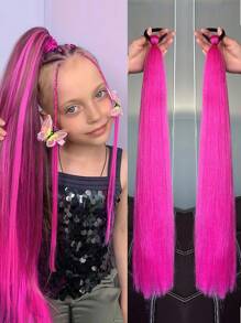 Synthetic Colorful Ponytail Extension 2Pcs Long Straight DIY Braided Pony Tail Hairpiece With Rubber Band Kids Hair Accessories - Hot Pink - View 1