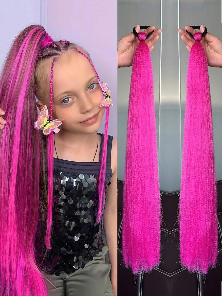 Synthetic Colorful Ponytail Extension 2Pcs Long Straight DIY Braided Pony Tail Hairpiece With Rubber Band Kids Hair Accessories - Hot Pink - View 1