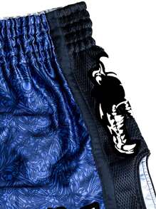 Pantalones cortos deportivos de secado rápido de color contrastante con cordón para hombres, pantalones cortos de gimnasio casuales impresos para boxeo y baloncesto - Azul - Ver 5