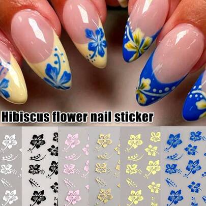芙蓉花指甲贴纸，芙蓉花指甲贴花 3D 自粘白色粉色彩色夏威夷花卉指甲贴纸樱花指甲设计夏季装饰美甲