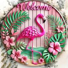 1pc Flamingo Welkomstbord, 8x8 Inch, Unieke Muurkunst, Ijzer Bedrukt, Geschikt Voor Thuis, Café, Bar, Appartement, Restaurant, Woonkamer Decor, Kerstcadeau. Random Hole Ontwerp.