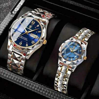 2pcs POEDAGAR Top Brand Luxury Business Calendar Quartz Couple Watches, Stainless Steel Band Mixed Roman Numerals Dial Date Wristwatches Set (For Men & Women)