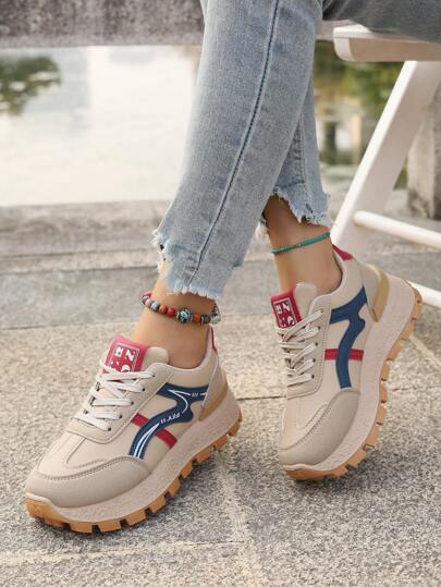 Zapatillas de mujer con cordones, zapatos casuales de suela gruesa, zapatos deportivos ligeros, versátiles y cómodos, adecuados para primavera, otoño e invierno