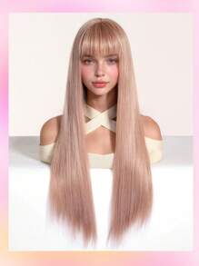 时尚 26 英寸长直发粉色女士合成耐热纤维假发带全刘海适合音乐节日常、度假和旅行使用 - 粉色 - 查看 3