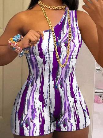 女士时尚扎染印花露肩紧身连衣裤春夏新款