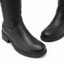 Women's Knee-High Boots, Comfortable Chunky Block Heel Pointed Toe Pull On Side Zipper Suede Slouch Riding Boots - Black/PU - View 9