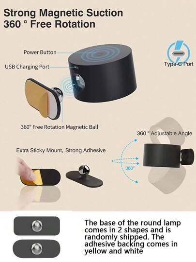 LED Sconces, Wand Mounted Lamps Rechargeable Battery Operated USB Port 3/1 Temperatures 2/3 Brightness Levels 360°Rotate Magnetic Ball, Cordless Lights Reading Bedside view 6