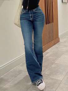 Women's Casual Versatile Slant Pocket Washed Flare Jeans - Dark Wash - View 6