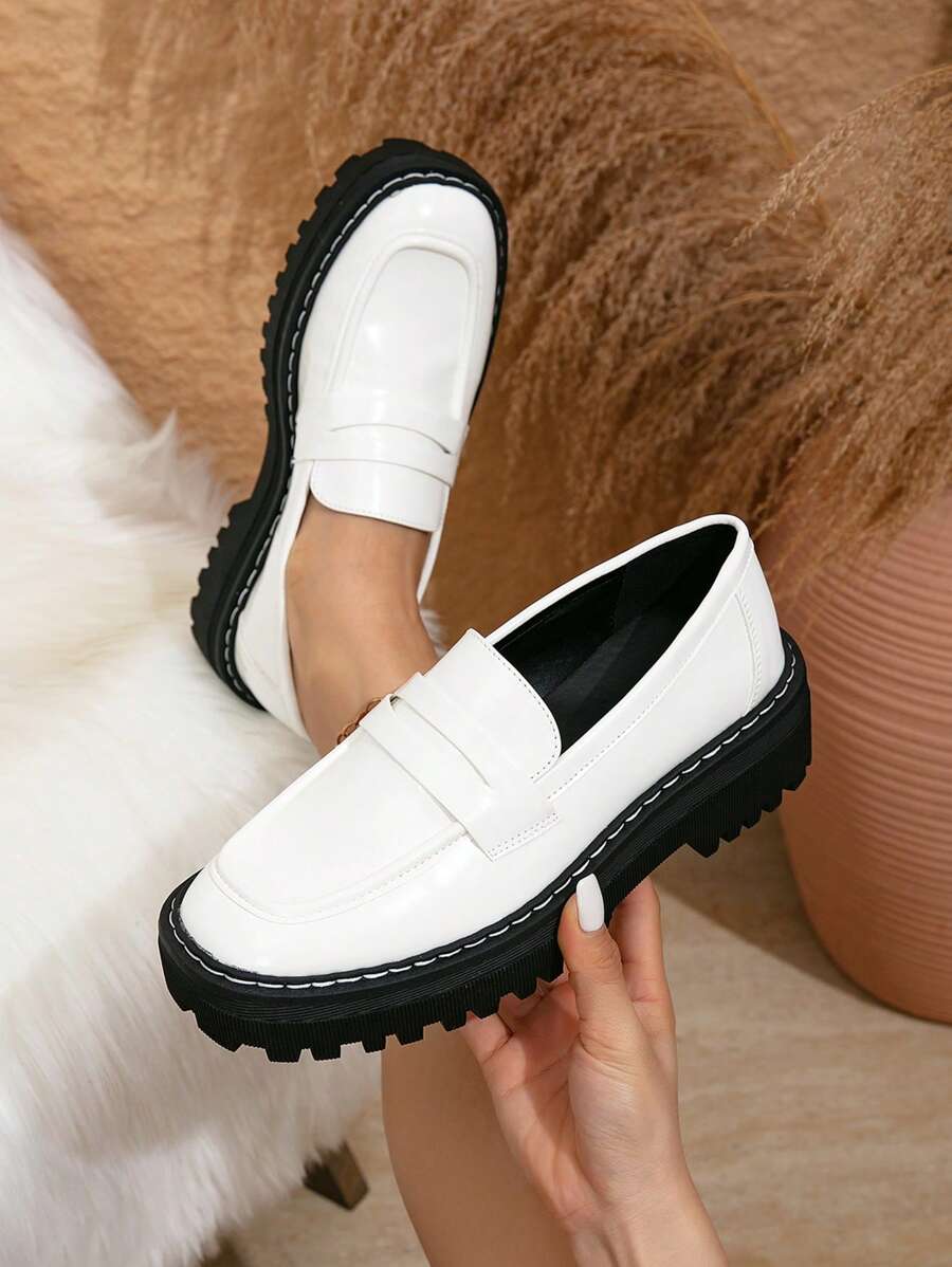 Mocasini noi de damă cu talpă groasă, pantofi Oxford din piele confortabili la modă, cu vârf pătrat, cu înălțime, pantofi casual pentru navetă, potriviti pentru ținute de birou și în aer liber - alb - Vizualizare 1