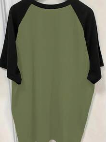 Women's Retro Gothic Style Splice Lightning Bolt Print Rock Punk Graphic Round Neck Raglan Sleeve Contrast Color T-Shirt - Army Green - View 4