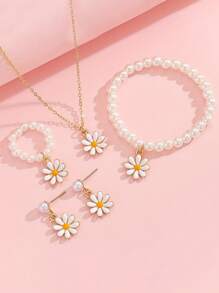 1 Set Cute & Sweet Versatile Oil Drop Flower Charm Pearl Bracelet, Rings, Earrings, Necklace, Accessories