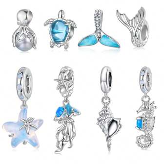 WOSTU 1 PC Ocean Series Solid 925 Sterling Silver Turtle Octopus Jellyfish Seahorse Charm Fit Original Bracelet DIY Accessories Summer Jewelry