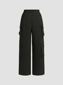 Women's Y2K Style Solid Color Thin Breathable Flap Pocket Straight Leg Cargo Pants, Suitable For Outdoor Sports And Casual Wear, Spring/Summer/Autumn New Elastic High Waist Trousers - Black - View 2