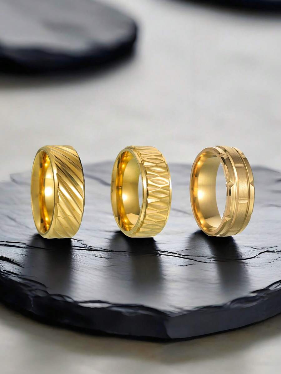 3pcs Men's Casual Simple Stainless Steel Geometric Engraved Finger Rings, Accessories - 901 Black - View 1