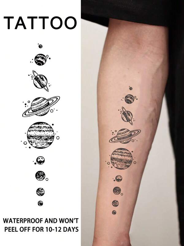 1Pc Planet Temporary Tattoos Semi Permanent Tattoo Waterproof Sweatproof Last For 1-2 Weeks Realistic Herbal Juice Anti-Friction Non-Reflective Faux Black Fake Tattoos For Woman And Men Tattoo Stickers For Arm, Chest, Leg, Abdomen, Waist, Finger, Neck Modernist Body Art