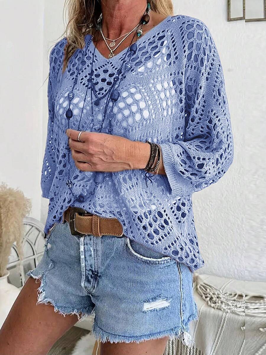 Sweater Pullover Rajut Longgar Berongga Ukuran Besar untuk Musim Panas, Kasual - Baby Blue - View 1