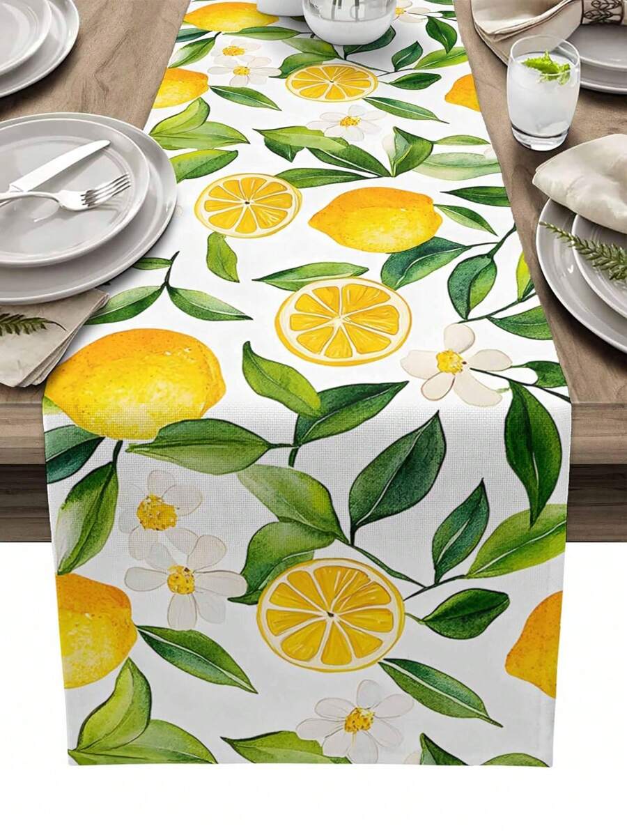 Green Leaves Lemon Fruit Flower Table Runner Dresser Scarves Table Decor Washable Farmhouse Kitchen Dining Table Runner Holiday Party Wedding Decorations - Multicolor - View 1